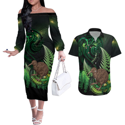Kiwi New Zealand Personalised Couples Matching Off The Shoulder Long Sleeve Dress and Hawaiian Shirt Aotearoa Map Silver Fern Koru Pattern