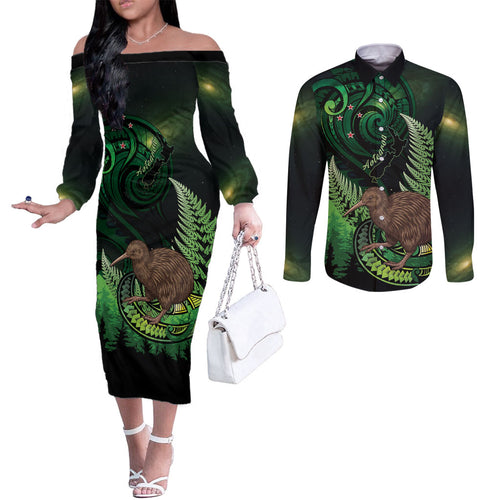 Kiwi New Zealand Personalised Couples Matching Off The Shoulder Long Sleeve Dress and Long Sleeve Button Shirt Aotearoa Map Silver Fern Koru Pattern