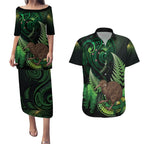 Kiwi New Zealand Personalised Couples Matching Puletasi and Hawaiian Shirt Aotearoa Map Silver Fern Koru Pattern