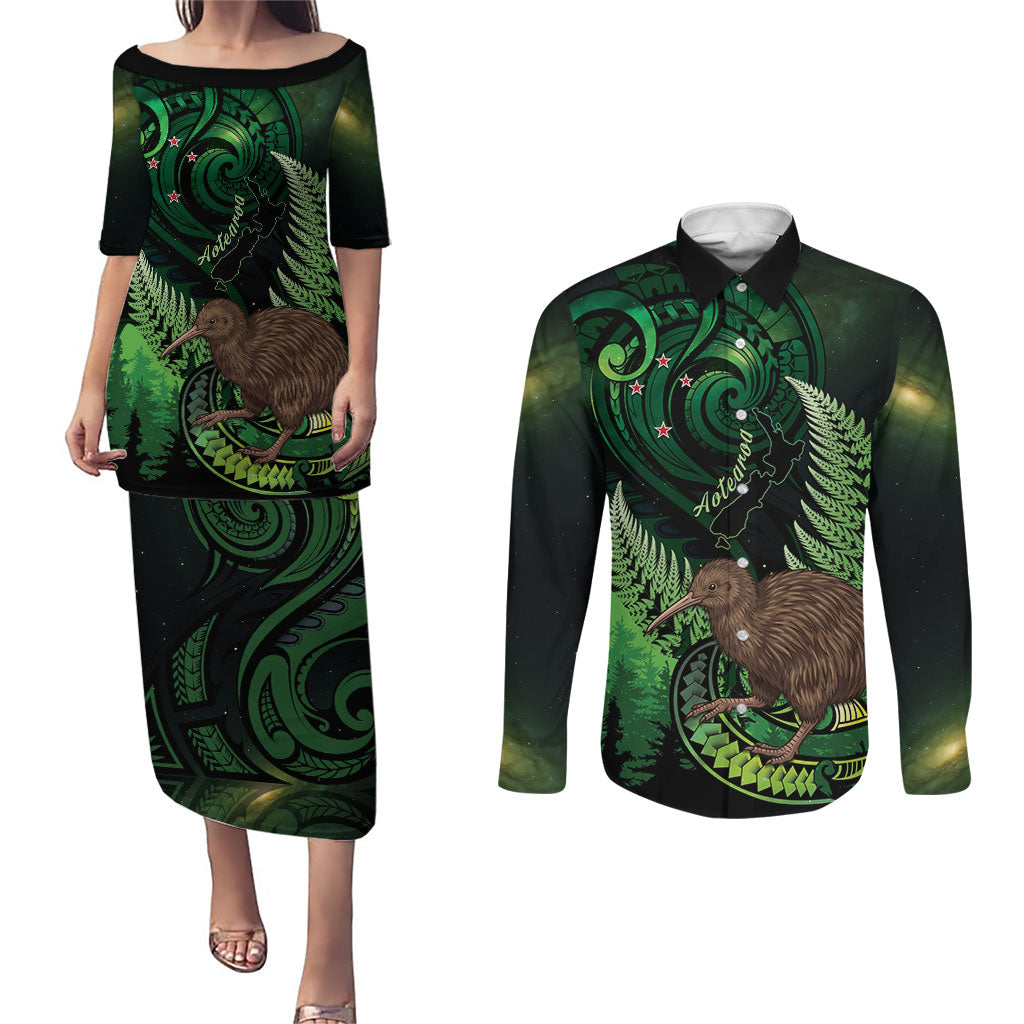 Kiwi New Zealand Personalised Couples Matching Puletasi and Long Sleeve Button Shirt Aotearoa Map Silver Fern Koru Pattern