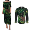 Kiwi New Zealand Personalised Couples Matching Puletasi and Long Sleeve Button Shirt Aotearoa Map Silver Fern Koru Pattern