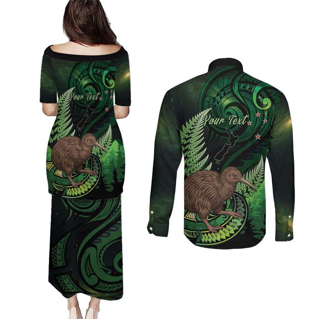 Kiwi New Zealand Personalised Couples Matching Puletasi and Long Sleeve Button Shirt Aotearoa Map Silver Fern Koru Pattern