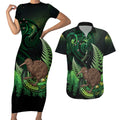 Kiwi New Zealand Personalised Couples Matching Short Sleeve Bodycon Dress and Hawaiian Shirt Aotearoa Map Silver Fern Koru Pattern