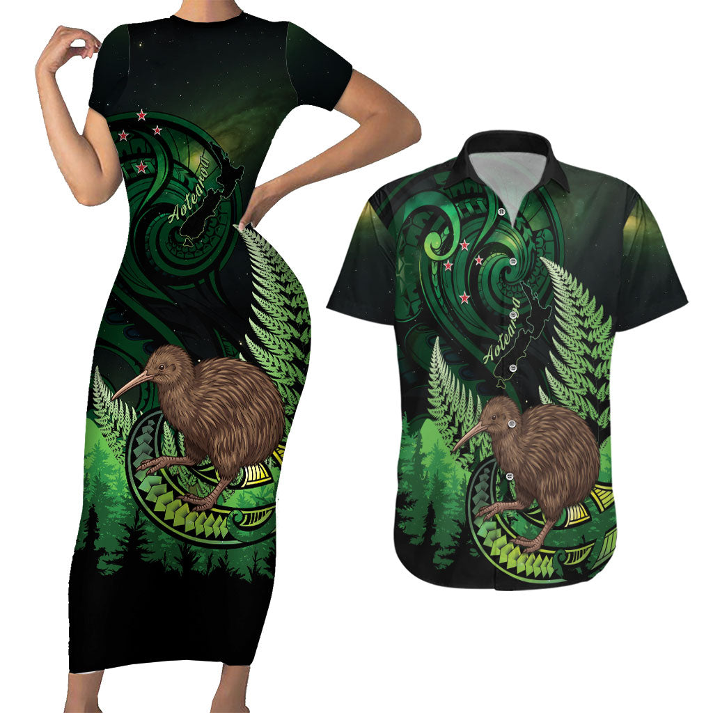 Kiwi New Zealand Personalised Couples Matching Short Sleeve Bodycon Dress and Hawaiian Shirt Aotearoa Map Silver Fern Koru Pattern