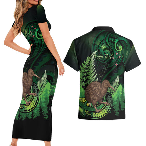 Kiwi New Zealand Personalised Couples Matching Short Sleeve Bodycon Dress and Hawaiian Shirt Aotearoa Map Silver Fern Koru Pattern