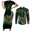 Kiwi New Zealand Personalised Couples Matching Short Sleeve Bodycon Dress and Long Sleeve Button Shirt Aotearoa Map Silver Fern Koru Pattern