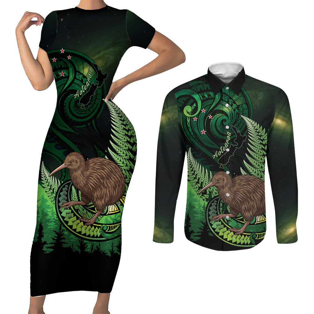 Kiwi New Zealand Personalised Couples Matching Short Sleeve Bodycon Dress and Long Sleeve Button Shirt Aotearoa Map Silver Fern Koru Pattern