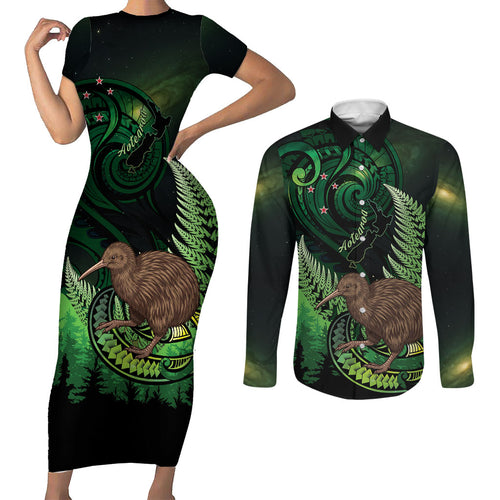 Kiwi New Zealand Personalised Couples Matching Short Sleeve Bodycon Dress and Long Sleeve Button Shirt Aotearoa Map Silver Fern Koru Pattern