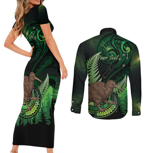 Kiwi New Zealand Personalised Couples Matching Short Sleeve Bodycon Dress and Long Sleeve Button Shirt Aotearoa Map Silver Fern Koru Pattern