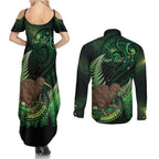 Kiwi New Zealand Personalised Couples Matching Summer Maxi Dress and Long Sleeve Button Shirt Aotearoa Map Silver Fern Koru Pattern
