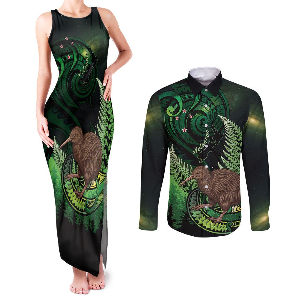 Kiwi New Zealand Personalised Couples Matching Tank Maxi Dress and Long Sleeve Button Shirt Aotearoa Map Silver Fern Koru Pattern