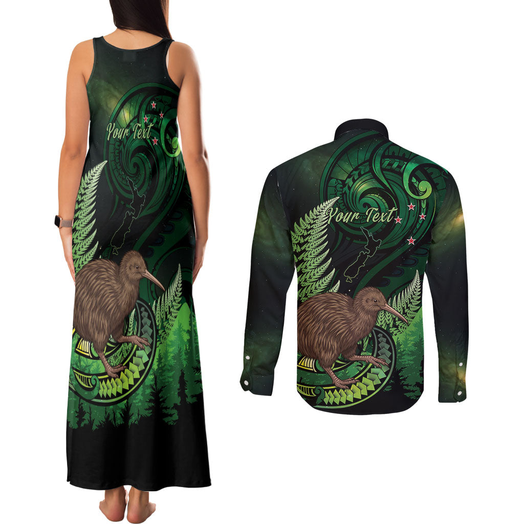 Kiwi New Zealand Personalised Couples Matching Tank Maxi Dress and Long Sleeve Button Shirt Aotearoa Map Silver Fern Koru Pattern