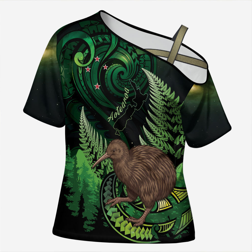 Kiwi New Zealand Personalised Cross Shoulder Shirt Aotearoa Map Silver Fern Koru Pattern