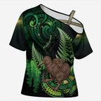 Kiwi New Zealand Personalised Cross Shoulder Shirt Aotearoa Map Silver Fern Koru Pattern
