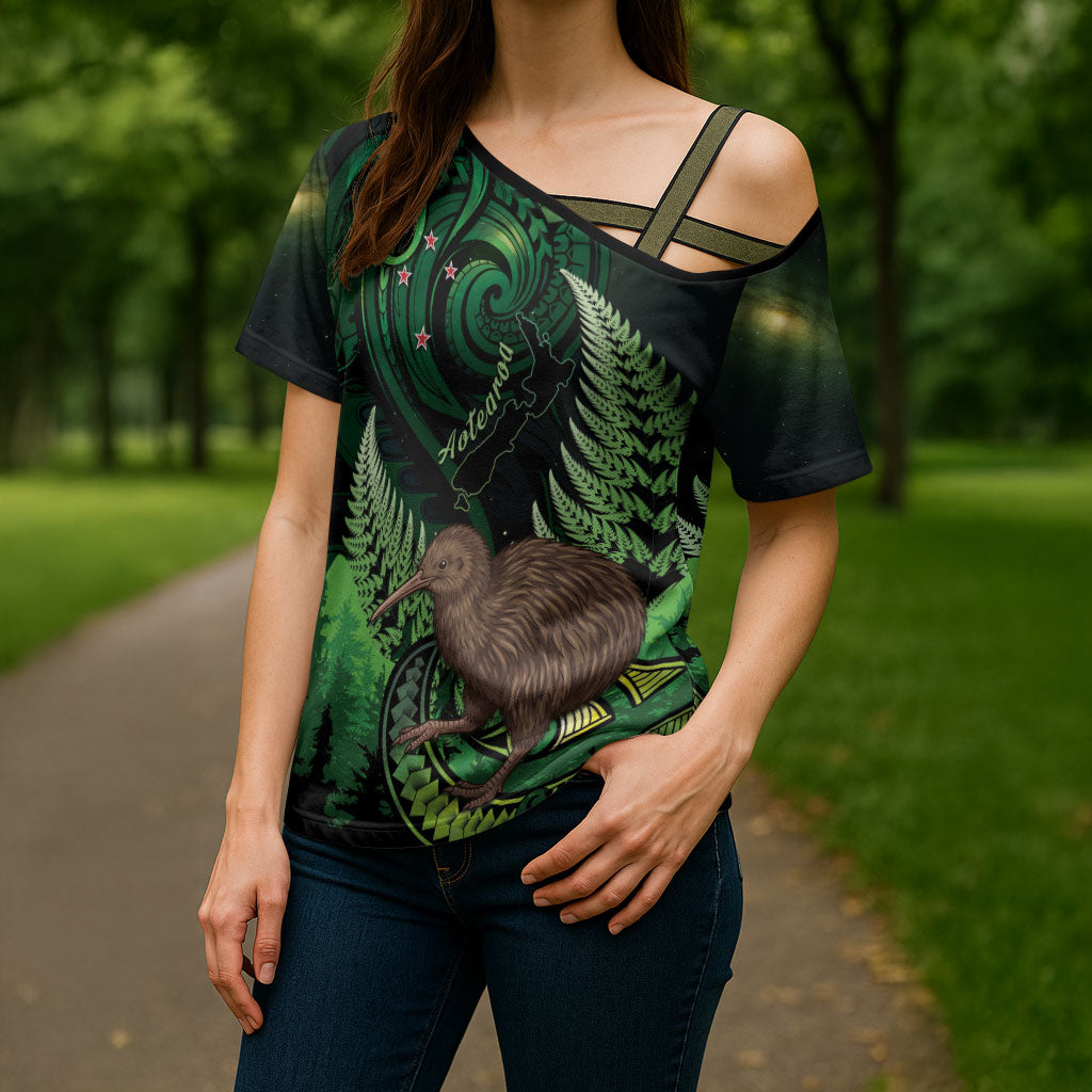Kiwi New Zealand Personalised Cross Shoulder Shirt Aotearoa Map Silver Fern Koru Pattern