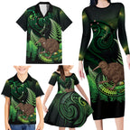 Kiwi New Zealand Personalised Family Matching Long Sleeve Bodycon Dress and Hawaiian Shirt Aotearoa Map Silver Fern Koru Pattern