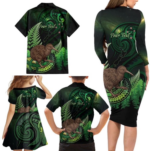 Kiwi New Zealand Personalised Family Matching Long Sleeve Bodycon Dress and Hawaiian Shirt Aotearoa Map Silver Fern Koru Pattern