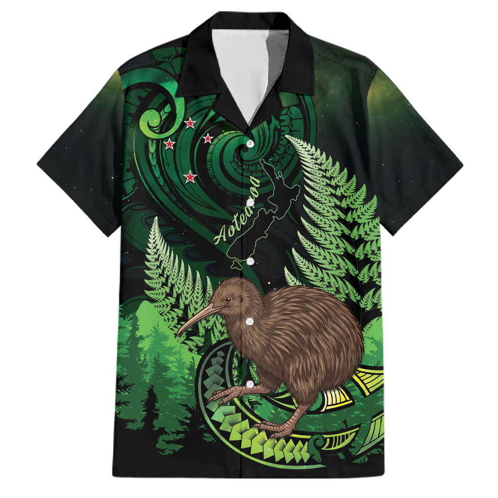 Kiwi New Zealand Personalised Family Matching Long Sleeve Bodycon Dress and Hawaiian Shirt Aotearoa Map Silver Fern Koru Pattern