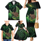 Kiwi New Zealand Personalised Family Matching Mermaid Dress and Hawaiian Shirt Aotearoa Map Silver Fern Koru Pattern