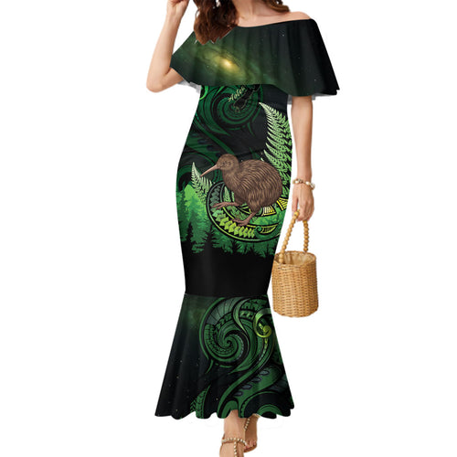 Kiwi New Zealand Personalised Family Matching Mermaid Dress and Hawaiian Shirt Aotearoa Map Silver Fern Koru Pattern