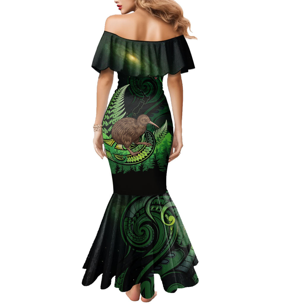Kiwi New Zealand Personalised Family Matching Mermaid Dress and Hawaiian Shirt Aotearoa Map Silver Fern Koru Pattern