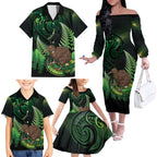 Kiwi New Zealand Personalised Family Matching Off The Shoulder Long Sleeve Dress and Hawaiian Shirt Aotearoa Map Silver Fern Koru Pattern