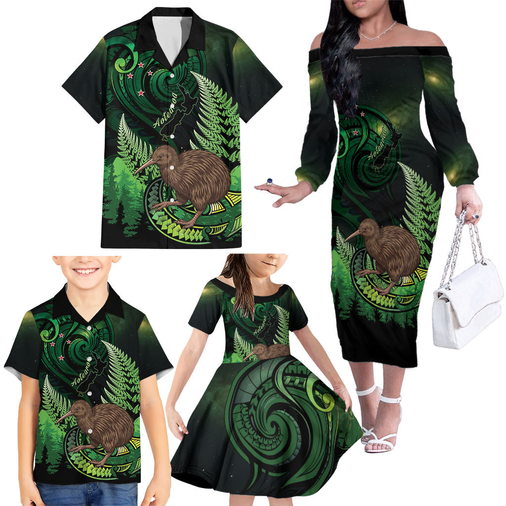 Kiwi New Zealand Personalised Family Matching Off The Shoulder Long Sleeve Dress and Hawaiian Shirt Aotearoa Map Silver Fern Koru Pattern