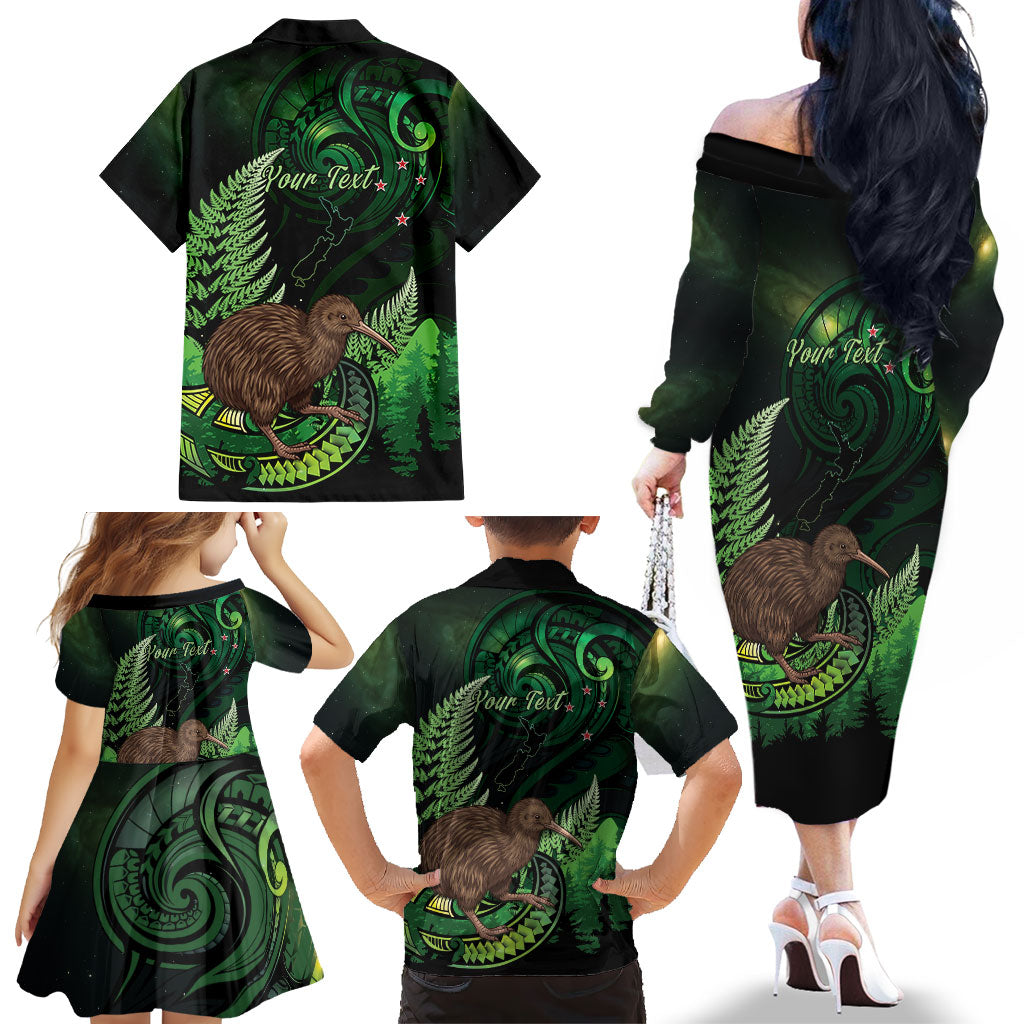 Kiwi New Zealand Personalised Family Matching Off The Shoulder Long Sleeve Dress and Hawaiian Shirt Aotearoa Map Silver Fern Koru Pattern