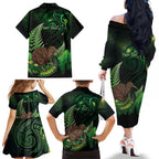 Kiwi New Zealand Personalised Family Matching Off The Shoulder Long Sleeve Dress and Hawaiian Shirt Aotearoa Map Silver Fern Koru Pattern