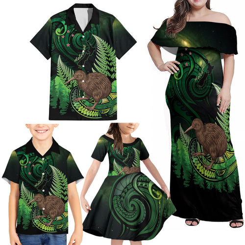 Kiwi New Zealand Personalised Family Matching Off Shoulder Maxi Dress and Hawaiian Shirt Aotearoa Map Silver Fern Koru Pattern