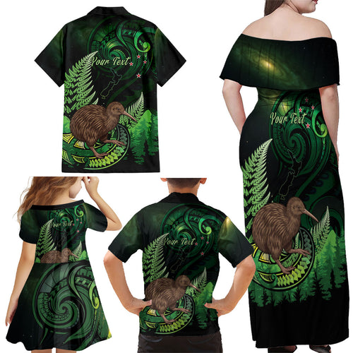 Kiwi New Zealand Personalised Family Matching Off Shoulder Maxi Dress and Hawaiian Shirt Aotearoa Map Silver Fern Koru Pattern