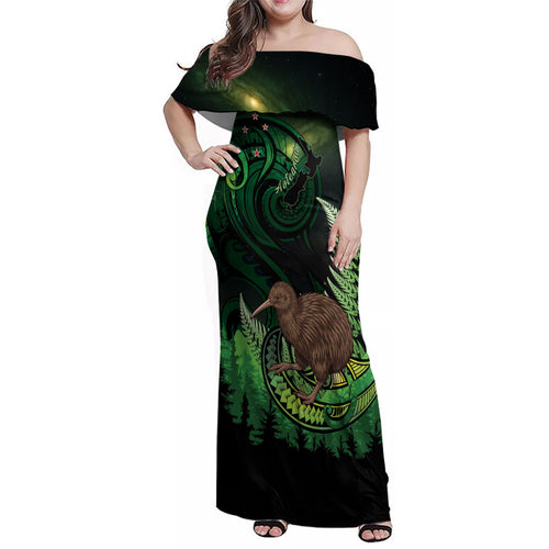 Kiwi New Zealand Personalised Family Matching Off Shoulder Maxi Dress and Hawaiian Shirt Aotearoa Map Silver Fern Koru Pattern