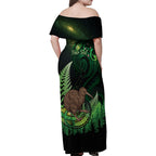 Kiwi New Zealand Personalised Family Matching Off Shoulder Maxi Dress and Hawaiian Shirt Aotearoa Map Silver Fern Koru Pattern