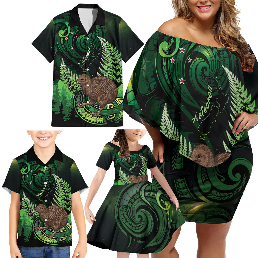 Kiwi New Zealand Personalised Family Matching Off Shoulder Short Dress and Hawaiian Shirt Aotearoa Map Silver Fern Koru Pattern