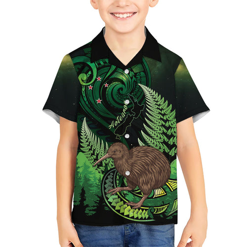 Kiwi New Zealand Personalised Family Matching Off Shoulder Short Dress and Hawaiian Shirt Aotearoa Map Silver Fern Koru Pattern