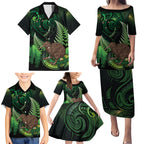 Kiwi New Zealand Personalised Family Matching Puletasi and Hawaiian Shirt Aotearoa Map Silver Fern Koru Pattern