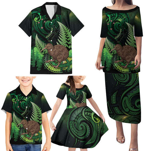 Kiwi New Zealand Personalised Family Matching Puletasi and Hawaiian Shirt Aotearoa Map Silver Fern Koru Pattern
