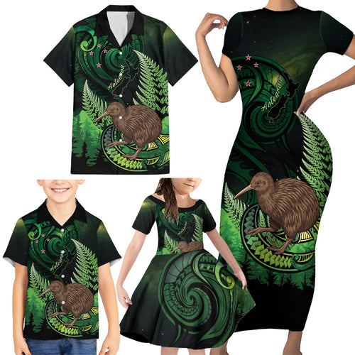 Kiwi New Zealand Personalised Family Matching Short Sleeve Bodycon Dress and Hawaiian Shirt Aotearoa Map Silver Fern Koru Pattern