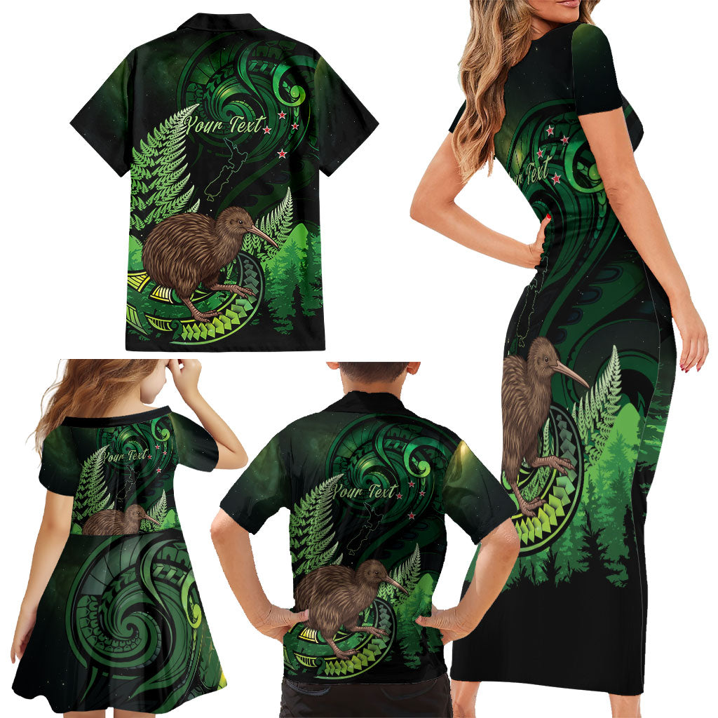 Kiwi New Zealand Personalised Family Matching Short Sleeve Bodycon Dress and Hawaiian Shirt Aotearoa Map Silver Fern Koru Pattern