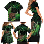 Kiwi New Zealand Personalised Family Matching Short Sleeve Bodycon Dress and Hawaiian Shirt Aotearoa Map Silver Fern Koru Pattern