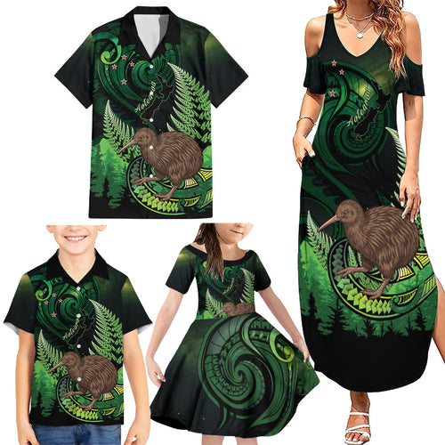 Kiwi New Zealand Personalised Family Matching Summer Maxi Dress and Hawaiian Shirt Aotearoa Map Silver Fern Koru Pattern