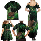 Kiwi New Zealand Personalised Family Matching Summer Maxi Dress and Hawaiian Shirt Aotearoa Map Silver Fern Koru Pattern
