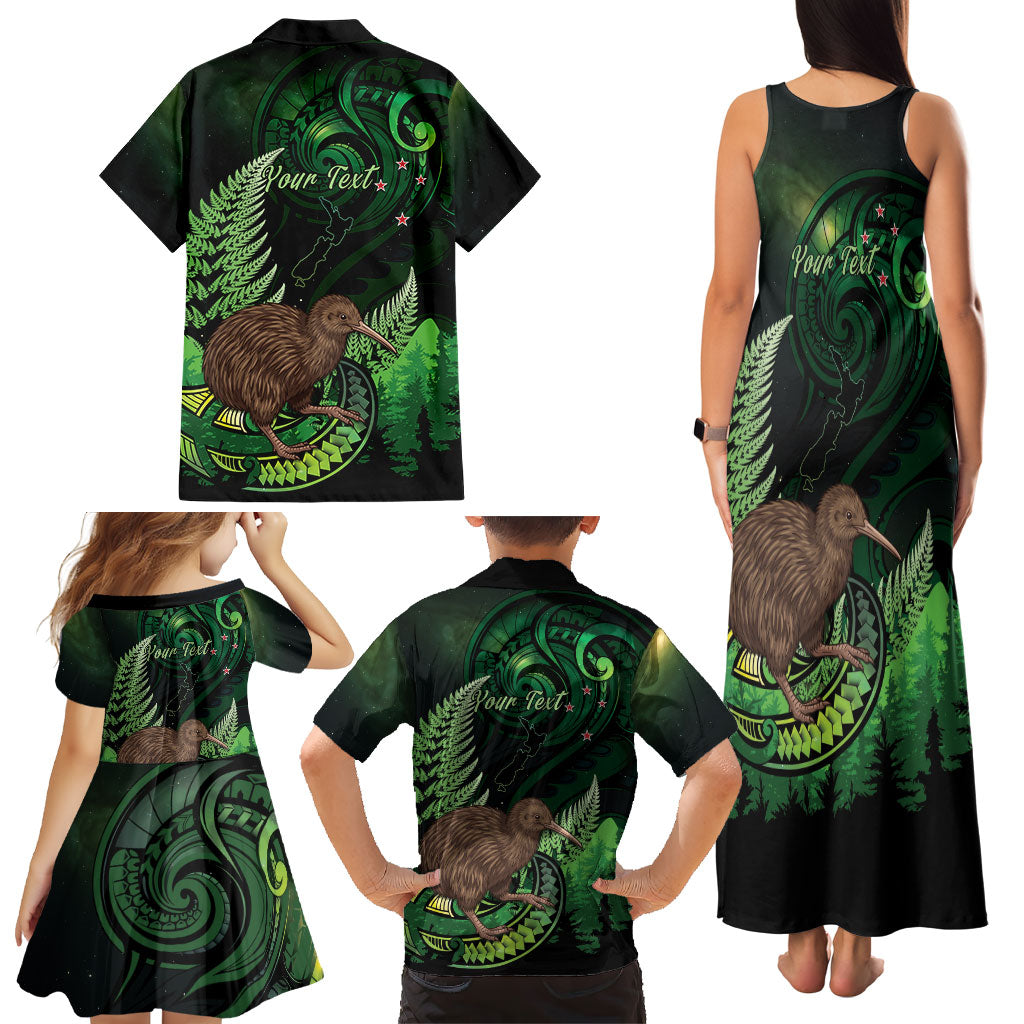 Kiwi New Zealand Personalised Family Matching Tank Maxi Dress and Hawaiian Shirt Aotearoa Map Silver Fern Koru Pattern