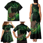 Kiwi New Zealand Personalised Family Matching Tank Maxi Dress and Hawaiian Shirt Aotearoa Map Silver Fern Koru Pattern
