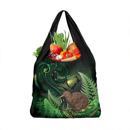 Kiwi New Zealand Personalised Grocery Bag Aotearoa Map Silver Fern Koru Pattern