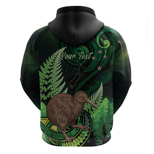 Kiwi New Zealand Personalised Hoodie Aotearoa Map Silver Fern Koru Pattern