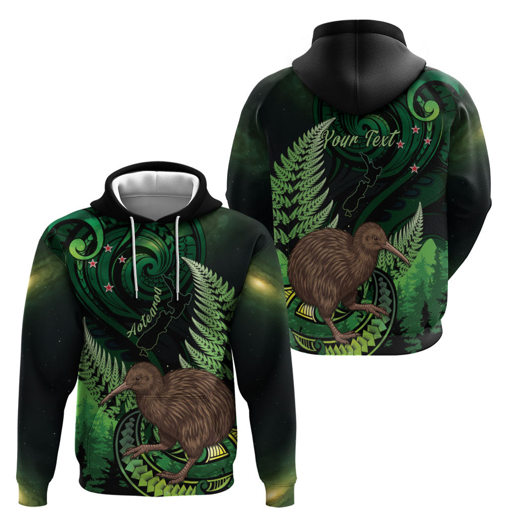 Kiwi New Zealand Personalised Hoodie Aotearoa Map Silver Fern Koru Pattern