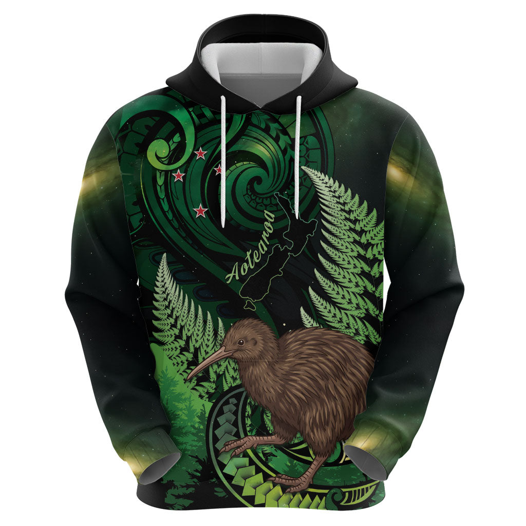 Kiwi New Zealand Personalised Hoodie Aotearoa Map Silver Fern Koru Pattern