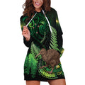 Kiwi New Zealand Personalised Hoodie Dress Aotearoa Map Silver Fern Koru Pattern