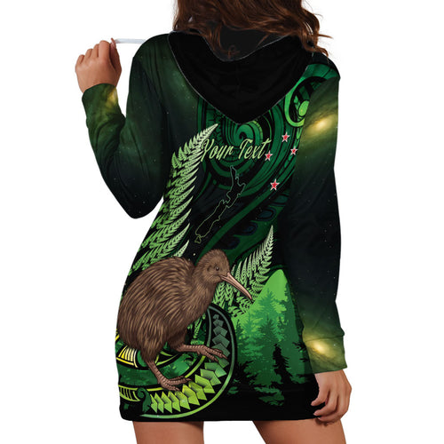 Kiwi New Zealand Personalised Hoodie Dress Aotearoa Map Silver Fern Koru Pattern